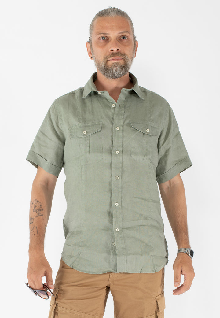 Camicia uomo in lino a maniche corte con due taschini