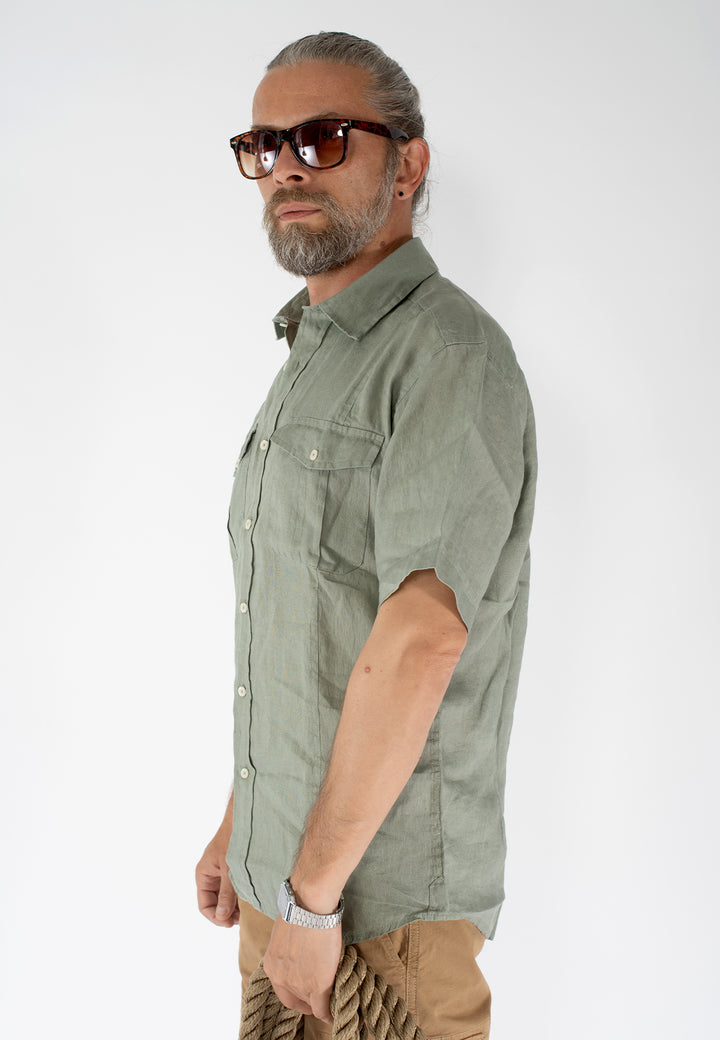 Camicia uomo in lino a maniche corte con due taschini