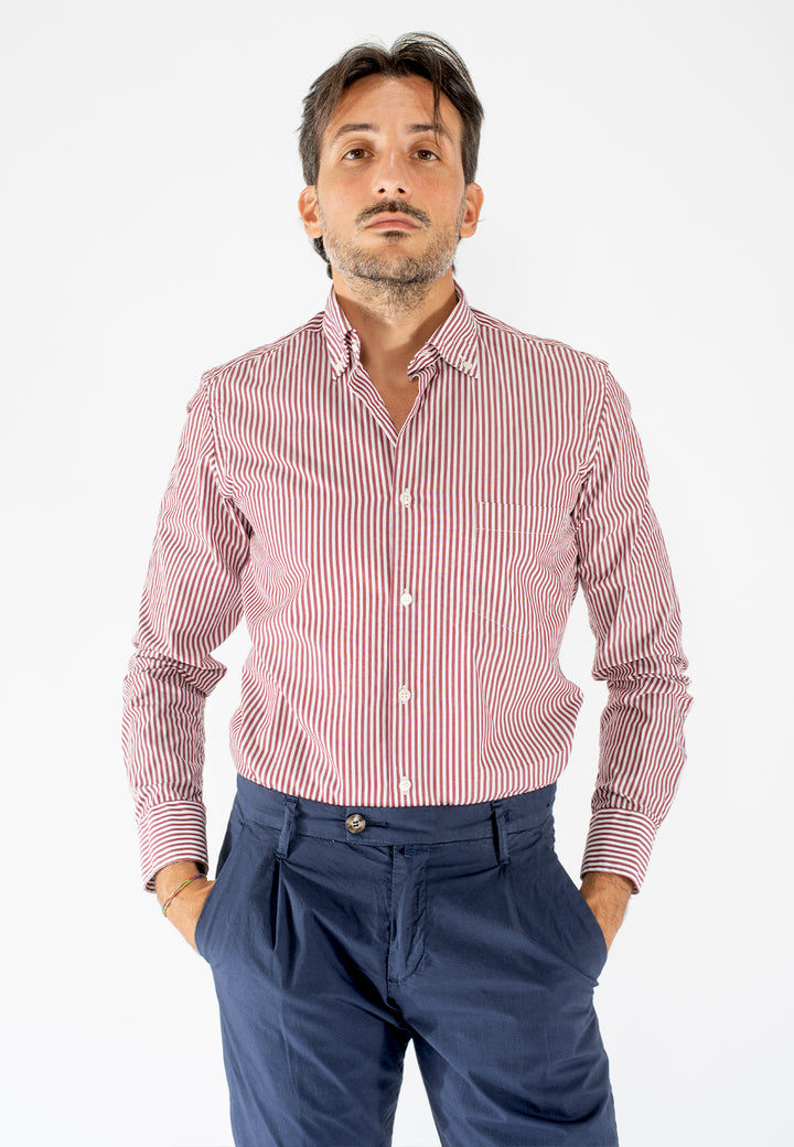 Camicia uomo a righe bordeaux e bianche custom fit in cotone