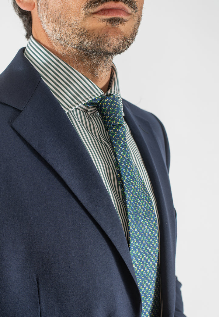 Cravatta uomo blu con fantasia geometrica verde in pura seta