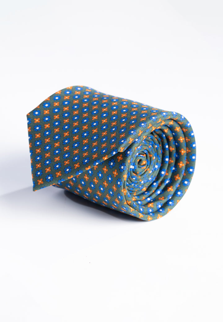 Cravatta uomo verde con microfantasia blu e arancio in pura seta
