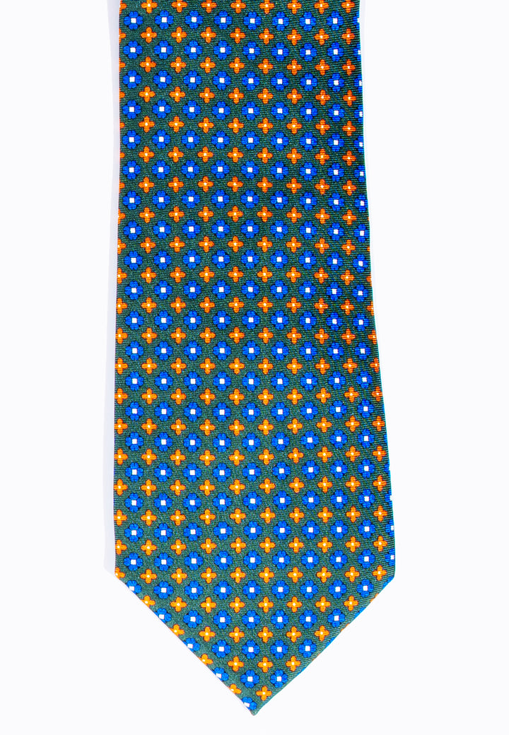 Cravatta uomo verde con microfantasia blu e arancio in pura seta