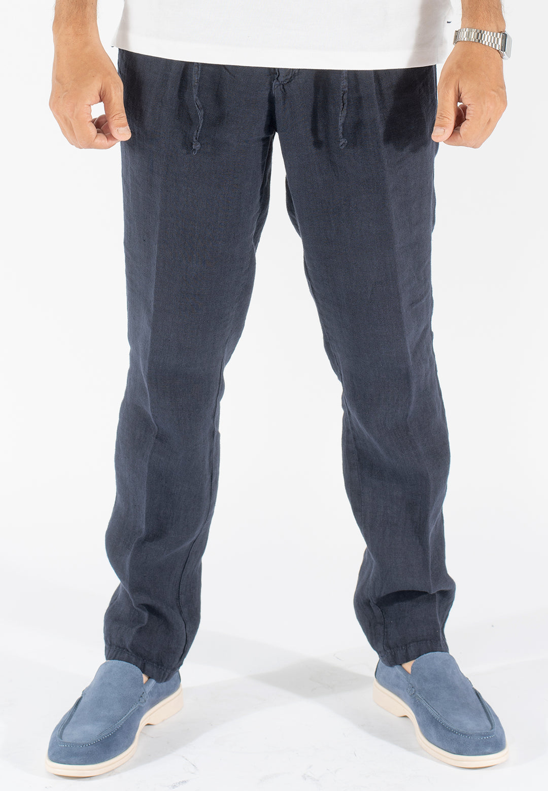Pantalone uomo in puro lino con pince e coulisse
