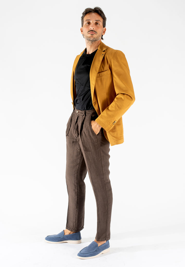 Pantalone uomo in puro lino con pince e coulisse