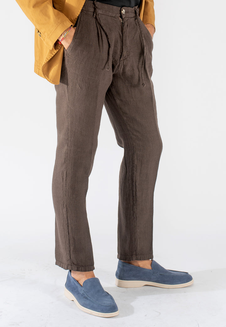 Pantalone uomo in puro lino con pince e coulisse
