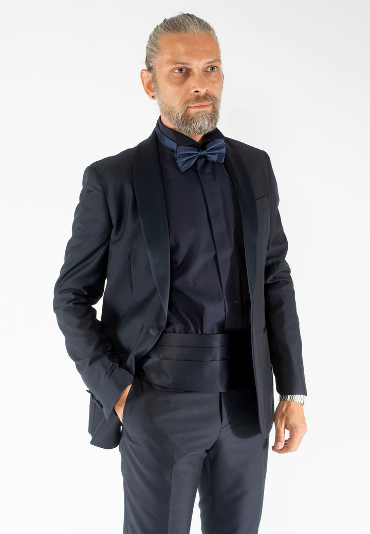 Smoking uomo con collo a scialle, fascia e papillon