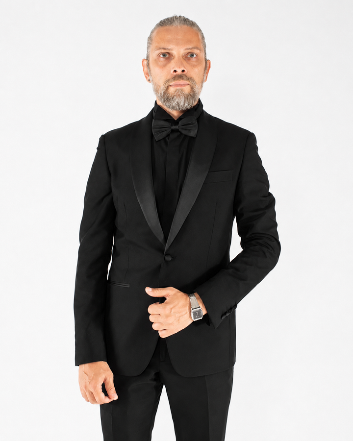 Smoking uomo con collo a scialle, fascia e papillon