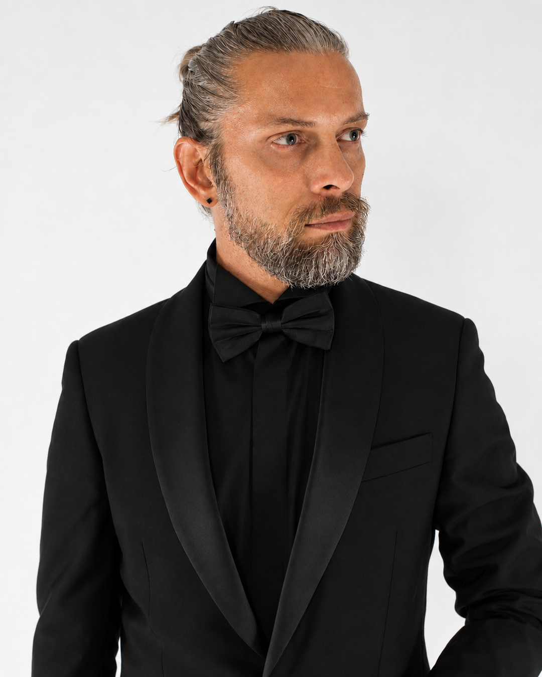 Smoking uomo con collo a scialle, fascia e papillon