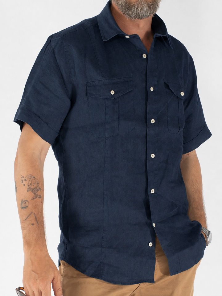 Camicia uomo in lino a maniche corte con due taschini