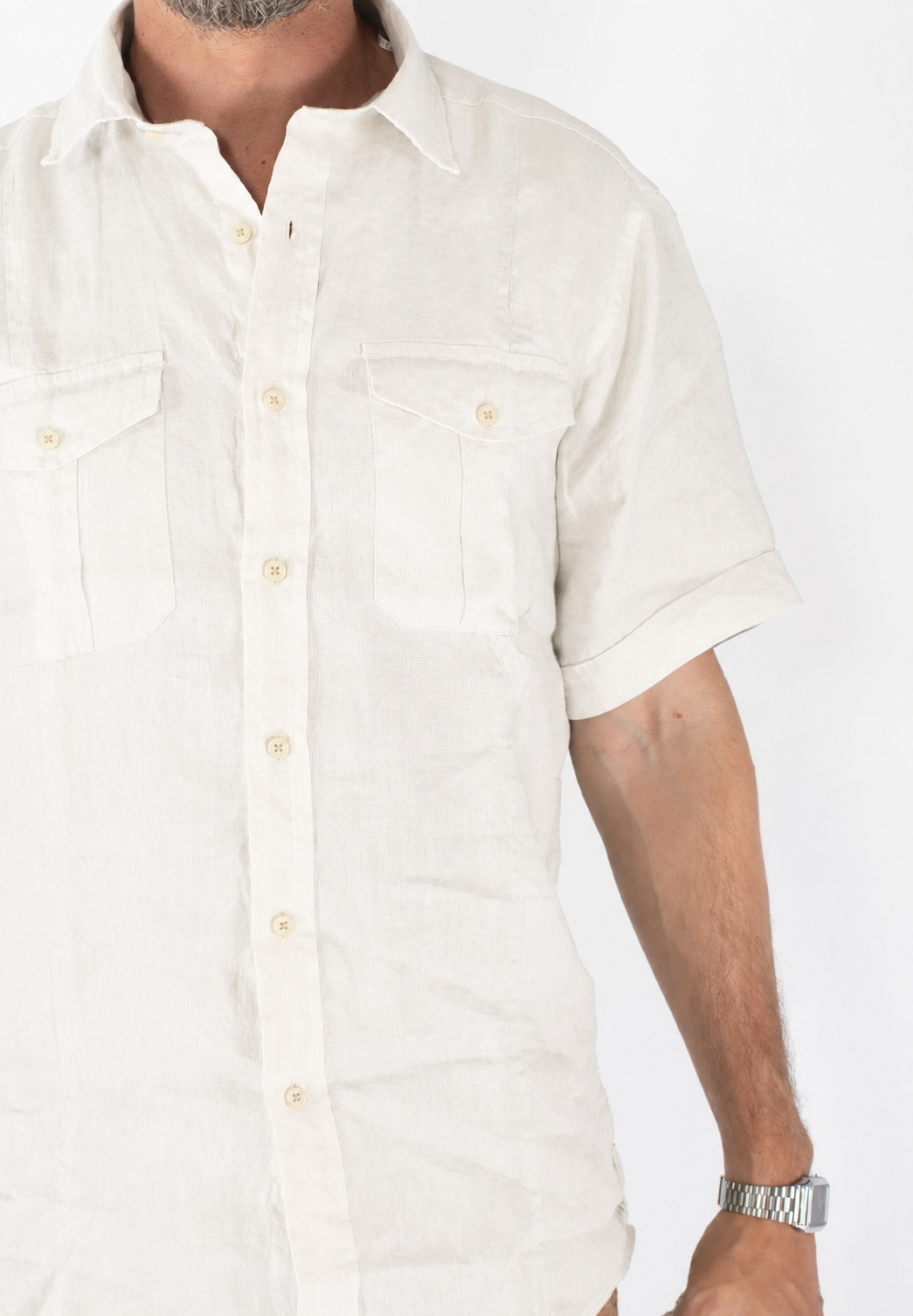 Camicia uomo in lino a maniche corte con due taschini